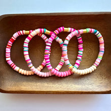 Load image into Gallery viewer, Vacation Bracelet Set, Peach Coral Tan Pink Holiday Jewelry, Tropical Neon Gift Arm Candy Present, stocking stuffer clay stretch friendship