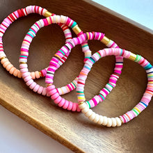Load image into Gallery viewer, Vacation Bracelet Set, Peach Coral Tan Pink Holiday Jewelry, Tropical Neon Gift Arm Candy Present, stocking stuffer clay stretch friendship