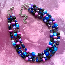Load image into Gallery viewer, Midnight Rendezvous Necklace, Purple & Blue Statement Necklace, 3 strand chunky jewelry, dark blue navy cadet sparkle glass lavender