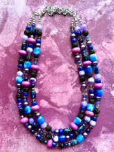 Load image into Gallery viewer, Midnight Rendezvous Necklace, Purple & Blue Statement Necklace, 3 strand chunky jewelry, dark blue navy cadet sparkle glass lavender