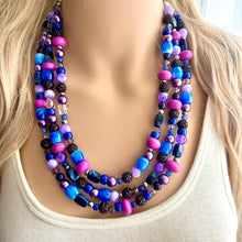 Load image into Gallery viewer, Midnight Rendezvous Necklace, Purple & Blue Statement Necklace, 3 strand chunky jewelry, dark blue navy cadet sparkle glass lavender