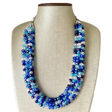 Load image into Gallery viewer, Blue Storm Ombré Glass Chunky Statement Necklace, silver bib necklace, aqua turquoise blue wedding bridesmaid chunky white clear navy