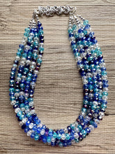 Load image into Gallery viewer, Blue Storm Ombré Glass Chunky Statement Necklace, silver bib necklace, aqua turquoise blue wedding bridesmaid chunky white clear navy
