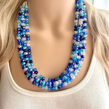 Load image into Gallery viewer, Blue Storm Ombré Glass Chunky Statement Necklace, silver bib necklace, aqua turquoise blue wedding bridesmaid chunky white clear navy