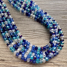 Load image into Gallery viewer, Blue Storm Ombré Glass Chunky Statement Necklace, silver bib necklace, aqua turquoise blue wedding bridesmaid chunky white clear navy