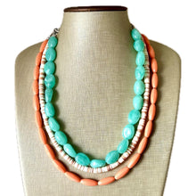 Load image into Gallery viewer, Haven Chunky Statement Necklace, Peach beaded jewelry, Multi Strand Bib Necklace, Beaded necklace mint green tan cream coral brown