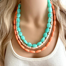 Load image into Gallery viewer, Haven Chunky Statement Necklace, Peach beaded jewelry, Multi Strand Bib Necklace, Beaded necklace mint green tan cream coral brown