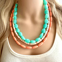 Load image into Gallery viewer, Haven Chunky Statement Necklace, Peach beaded jewelry, Multi Strand Bib Necklace, Beaded necklace mint green tan cream coral brown