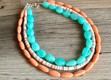 Load image into Gallery viewer, Haven Chunky Statement Necklace, Peach beaded jewelry, Multi Strand Bib Necklace, Beaded necklace mint green tan cream coral brown