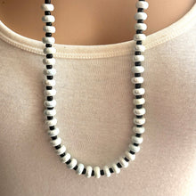 Load image into Gallery viewer, Black & Baby Blue White Statement Necklace single Strand Beaded jewelry, bridesmaid bib wedding striped,geometric layering porcelain beads