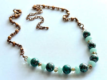 Load image into Gallery viewer, Rosegold Skinny Statement Necklace, patina green and mint gold with ornate chain, layering necklace beaded sale vintage