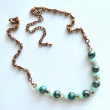Load image into Gallery viewer, Rosegold Skinny Statement Necklace, patina green and mint gold with ornate chain, layering necklace beaded sale vintage