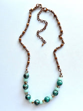 Load image into Gallery viewer, Rosegold Skinny Statement Necklace, patina green and mint gold with ornate chain, layering necklace beaded sale vintage