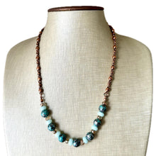 Load image into Gallery viewer, Rosegold Skinny Statement Necklace, patina green and mint gold with ornate chain, layering necklace beaded sale vintage