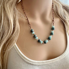 Load image into Gallery viewer, Rosegold Skinny Statement Necklace, patina green and mint gold with ornate chain, layering necklace beaded sale vintage
