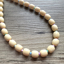 Load image into Gallery viewer, Creamy Pastel Statement Necklace, single strand Geometric Beaded Jewelry, off white bib necklace, shell necklace, champagne