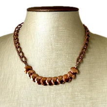 Load image into Gallery viewer, Rosegold Hammered Coin Skinny Statement Necklace, patina gold with ornate box chain, layering jewelry beaded sale vintage choker bib