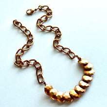 Load image into Gallery viewer, Rosegold Hammered Coin Skinny Statement Necklace, patina gold with ornate box chain, layering jewelry beaded sale vintage choker bib