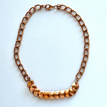 Load image into Gallery viewer, Rosegold Hammered Coin Skinny Statement Necklace, patina gold with ornate box chain, layering jewelry beaded sale vintage choker bib