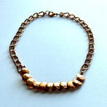Load image into Gallery viewer, Rosegold Hammered Coin Skinny Statement Necklace, patina gold with ornate box chain, layering jewelry beaded sale vintage choker bib