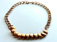 Load image into Gallery viewer, Rosegold Hammered Coin Skinny Statement Necklace, patina gold with ornate box chain, layering jewelry beaded sale vintage choker bib