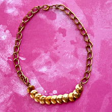 Load image into Gallery viewer, Rosegold Hammered Coin Skinny Statement Necklace, patina gold with ornate box chain, layering jewelry beaded sale vintage choker bib