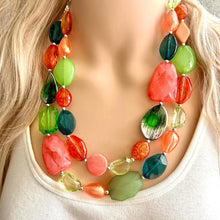 Load image into Gallery viewer, Watermelon Seascape Necklace, Pink & Green Chunky Statement Necklace, coral lime beaded necklace jewelry, multi color strand bib chunky