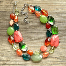 Load image into Gallery viewer, Watermelon Seascape Necklace, Pink & Green Chunky Statement Necklace, coral lime beaded necklace jewelry, multi color strand bib chunky