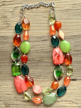 Load image into Gallery viewer, Watermelon Seascape Necklace, Pink & Green Chunky Statement Necklace, coral lime beaded necklace jewelry, multi color strand bib chunky