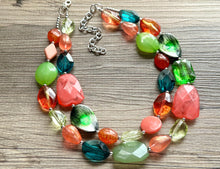 Load image into Gallery viewer, Watermelon Seascape Necklace, Pink & Green Chunky Statement Necklace, coral lime beaded necklace jewelry, multi color strand bib chunky