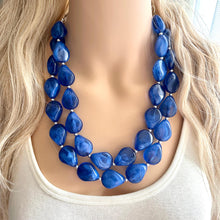 Load image into Gallery viewer, Dark Blue Chunky Statement Necklace, Big beaded jewelry, Double Strand Statement Necklace, Bib necklace, blue bridesmaid wedding creamy