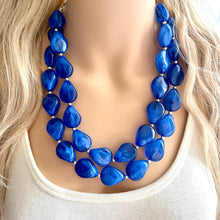 Load image into Gallery viewer, Dark Blue Chunky Statement Necklace, Big beaded jewelry, Double Strand Statement Necklace, Bib necklace, blue bridesmaid wedding creamy