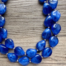 Load image into Gallery viewer, Dark Blue Chunky Statement Necklace, Big beaded jewelry, Double Strand Statement Necklace, Bib necklace, blue bridesmaid wedding creamy