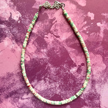Load image into Gallery viewer, Watermelon coral & Green Chunky Statement Necklace, Big beaded jewelry, single Strand bib chunky Necklace, pink green white shell