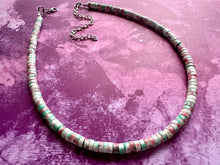 Load image into Gallery viewer, Watermelon coral & Green Chunky Statement Necklace, Big beaded jewelry, single Strand bib chunky Necklace, pink green white shell