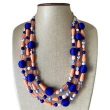 Load image into Gallery viewer, Coral & Royal Blue 3 Strand Coral Necklace, multi strand bright pink jewelry, big beaded chunky necklace, coral statement geometric peach