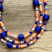 Load image into Gallery viewer, Coral & Royal Blue 3 Strand Coral Necklace, multi strand bright pink jewelry, big beaded chunky necklace, coral statement geometric peach