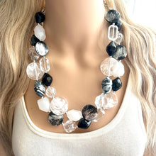 Load image into Gallery viewer, Black & White Splash Contrast Statement Necklace, chunky beaded jewelry, neutral necklace, black white neutral necklace, beaded jewelry dark