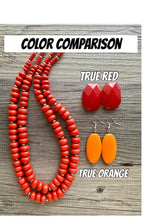Load image into Gallery viewer, Blue & Red Orange Statement Necklace, silver double strand beaded chunky jewelry, fall firetruck royal bib color block dressy navy wedding