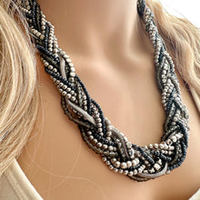 Load image into Gallery viewer, Vintage Braided 9 Strand Statement Necklace, beaded gunmetal gray metallic jewelry, silver bridesmaid wedding bridal chunky bib collar