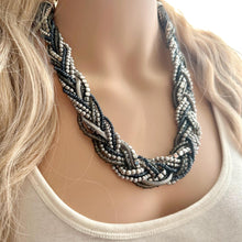 Load image into Gallery viewer, Vintage Braided 9 Strand Statement Necklace, beaded gunmetal gray metallic jewelry, silver bridesmaid wedding bridal chunky bib collar