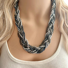 Load image into Gallery viewer, Vintage Braided 9 Strand Statement Necklace, beaded gunmetal gray metallic jewelry, silver bridesmaid wedding bridal chunky bib collar