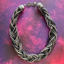 Load image into Gallery viewer, Vintage Braided 9 Strand Statement Necklace, beaded gunmetal gray metallic jewelry, silver bridesmaid wedding bridal chunky bib collar