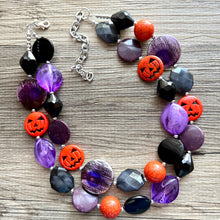 Load image into Gallery viewer, Orange & Black Purple Halloween Necklace, Double strand orange jewelry, jack O Lantern pumpkin chunky big bead statement necklace