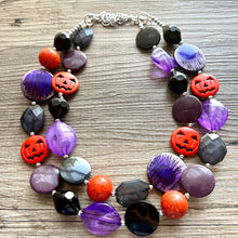 Load image into Gallery viewer, Orange & Black Purple Halloween Necklace, Double strand orange jewelry, jack O Lantern pumpkin chunky big bead statement necklace