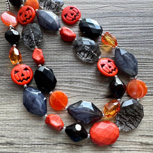 Load image into Gallery viewer, Orange & Black Halloween Necklace, Double strand orange jewelry, jack O Lantern pumpkin chunky big bead statement necklace October