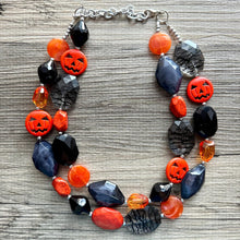 Load image into Gallery viewer, Orange & Black Halloween Necklace, Double strand orange jewelry, jack O Lantern pumpkin chunky big bead statement necklace October