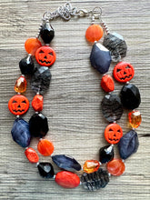 Load image into Gallery viewer, Orange & Black Halloween Necklace, Double strand orange jewelry, jack O Lantern pumpkin chunky big bead statement necklace October
