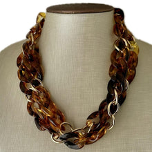 Load image into Gallery viewer, Tortoise Shell & Gold Long Acrylic necklace, brown linking acetate necklace, chain statement jewelry, layering yellow resin chunky strand