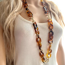 Load image into Gallery viewer, Tortoise Shell & Gold Long Acrylic necklace, brown linking acetate necklace, chain statement jewelry, layering yellow resin chunky strand